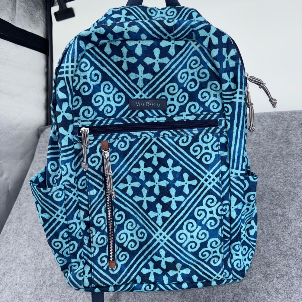 Vera Bradley Backpack Ikat Diamonds Blue Geometric Canvas School Travel Bag